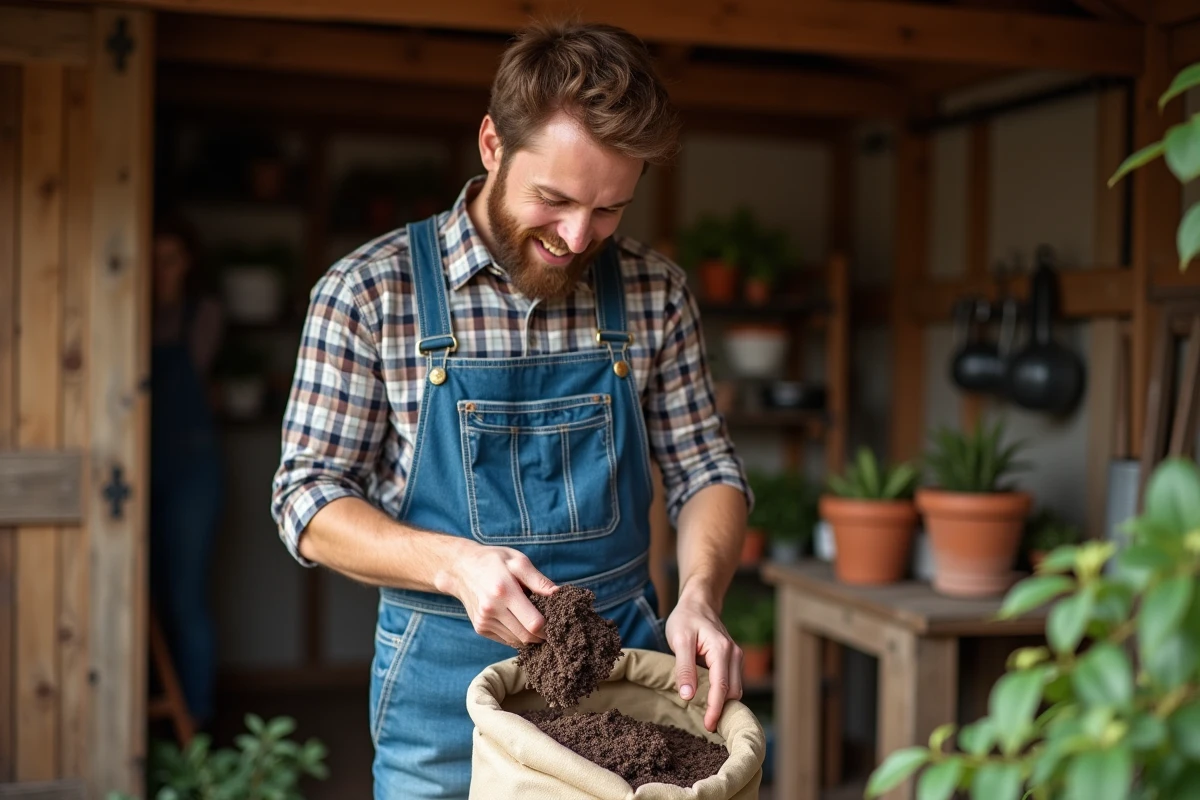 Homme inspectant un sac de terreau dans un atelier