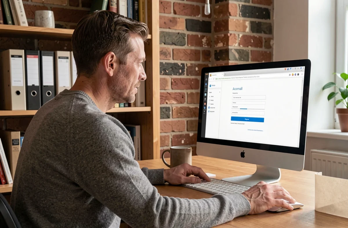 Homme en télétravail accédant à son compte webmail Convergence depuis son bureau à domicile