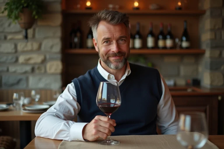 Homme dégustant un vin rouge dans un décor rustique chaleureux