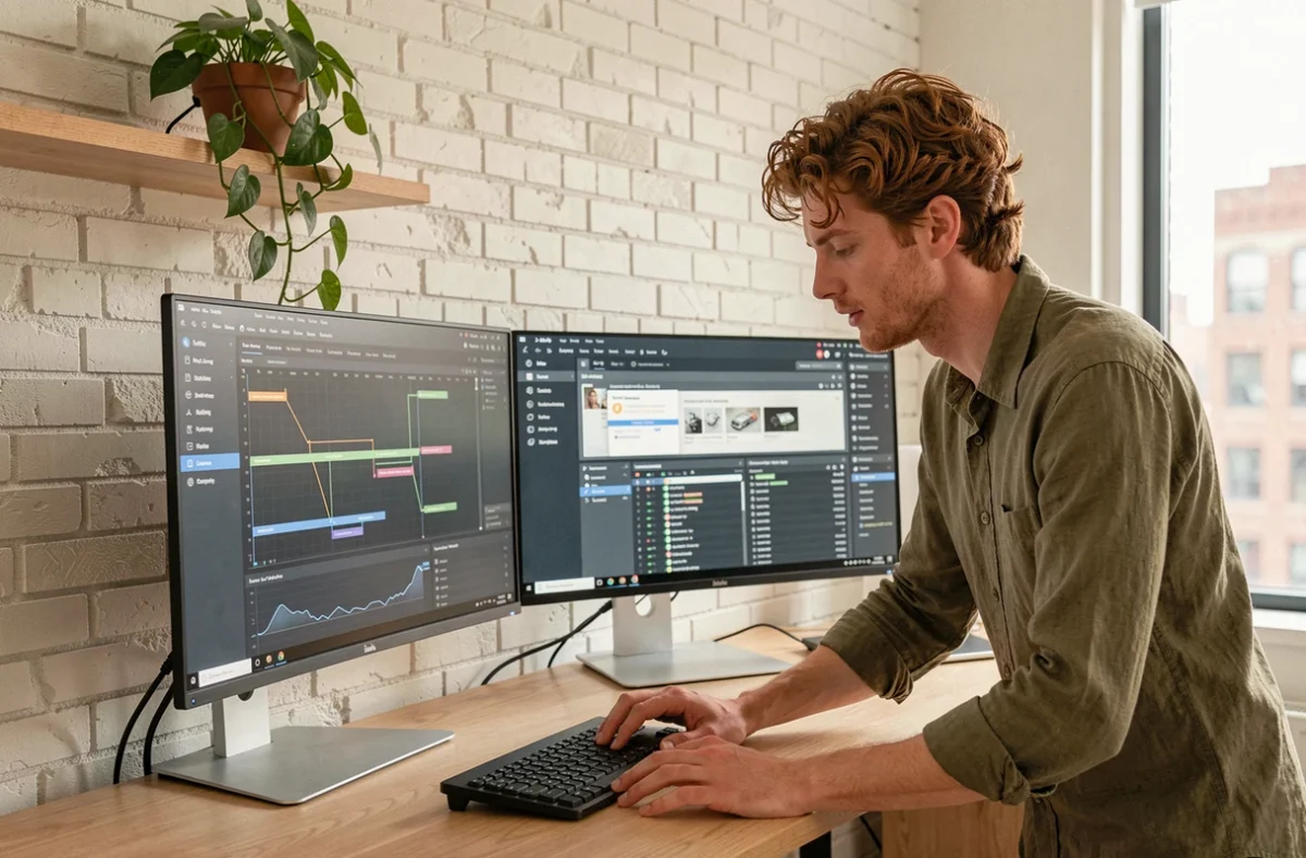Homme travaillant avec The Z Suite sur un bureau double écran dans un bureau à domicile minimaliste