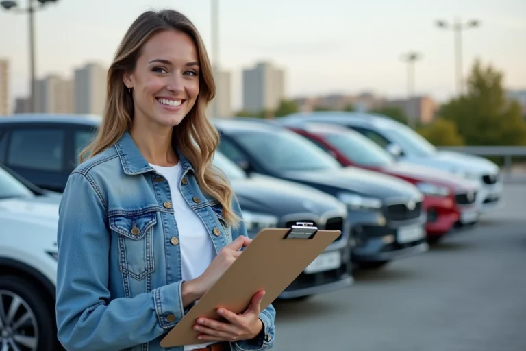 Femme souriante inspectant des voitures neuves en concession