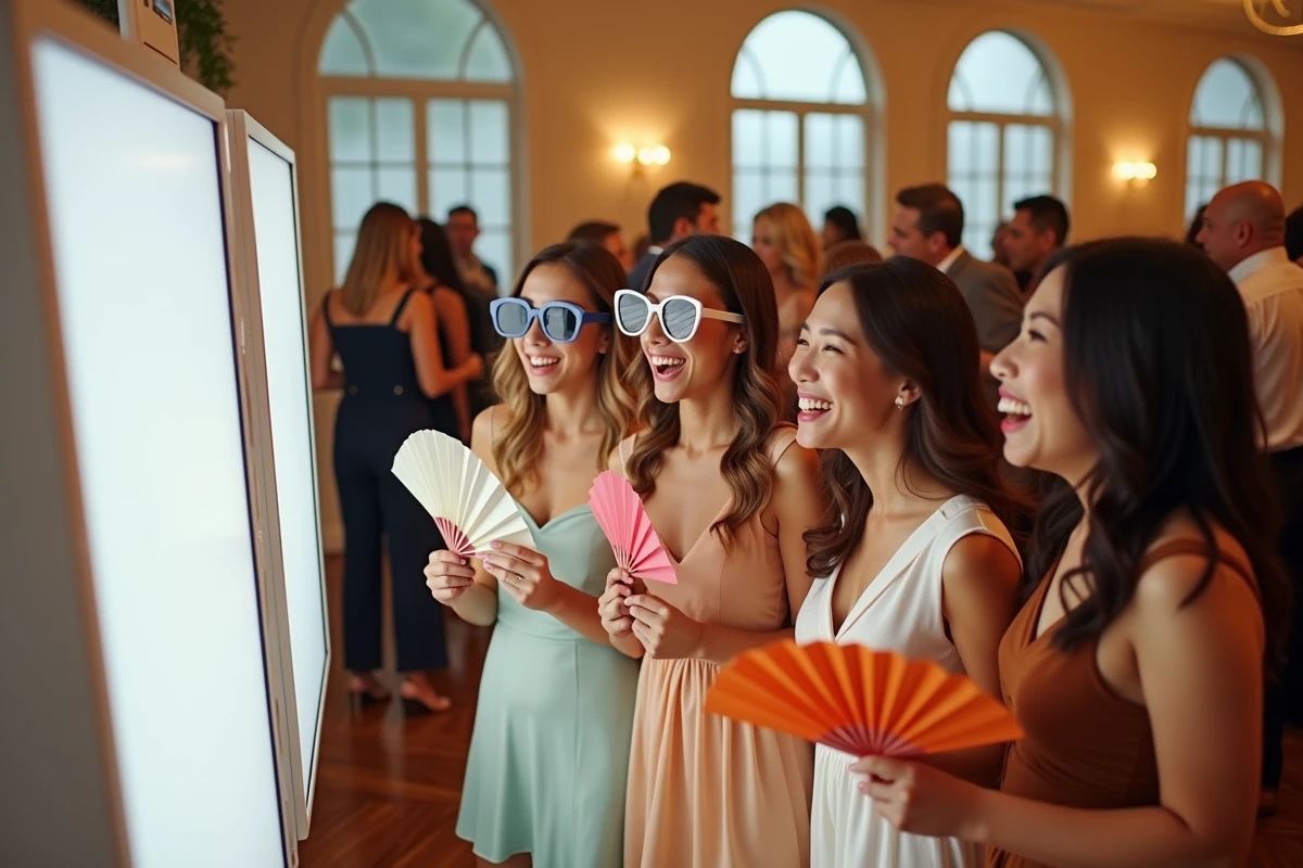 Groupe d'invités de mariage s'amusant devant un photobooth Kruu dans une salle de réception élégante