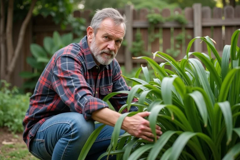 Jardinier homme examine un buisson de rhus viminalis dans le jardin