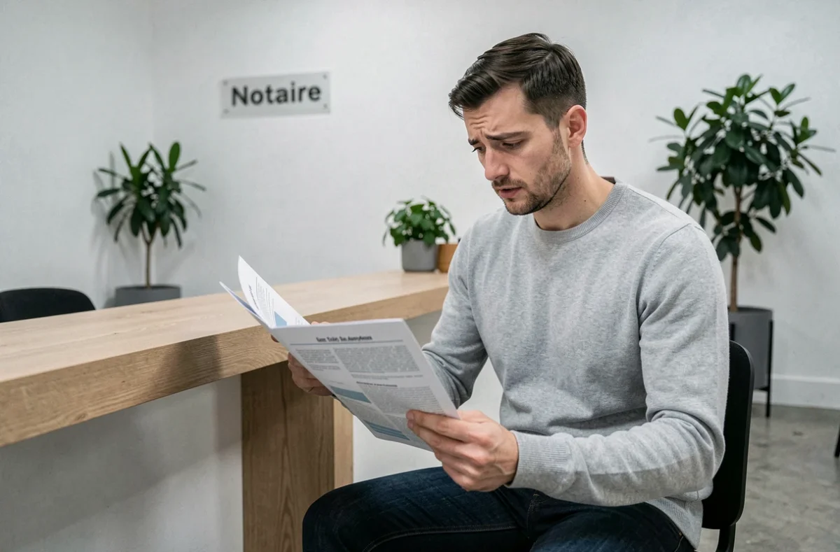 Jeune homme consultant une brochure sur les consultations notariales gratuites dans une salle d'attente moderne