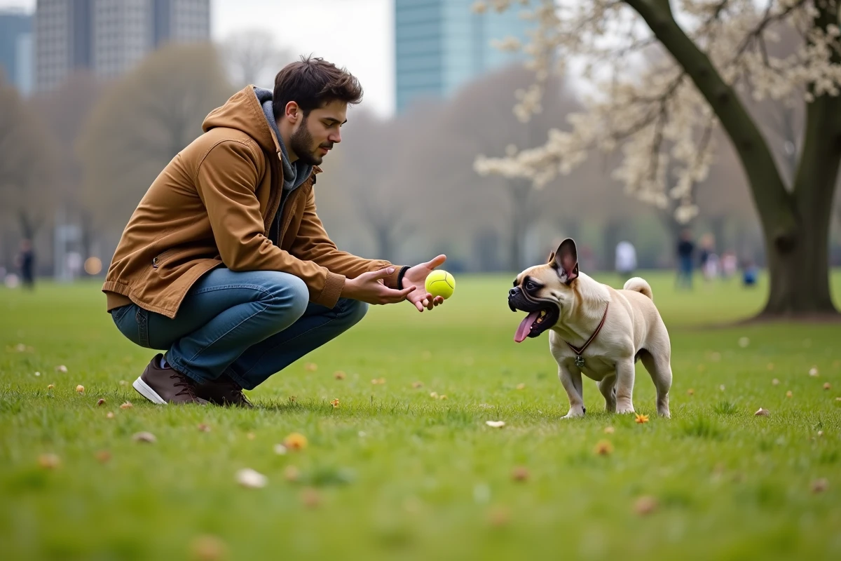 Jeune homme jouant avec son chien dans un parc urbain
