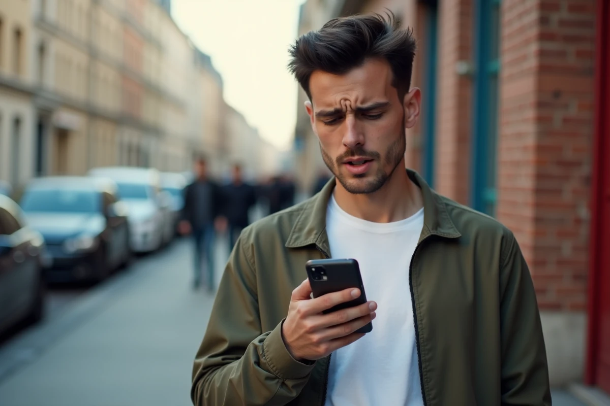 Jeune homme dans la rue regardant avec méfiance un appel entrant d'un numéro inconnu en 05 sur son téléphone