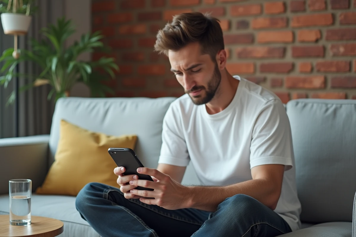 Jeune homme consultant son smartphone pour résoudre un problème de connexion à son compte MyPeopleDoc