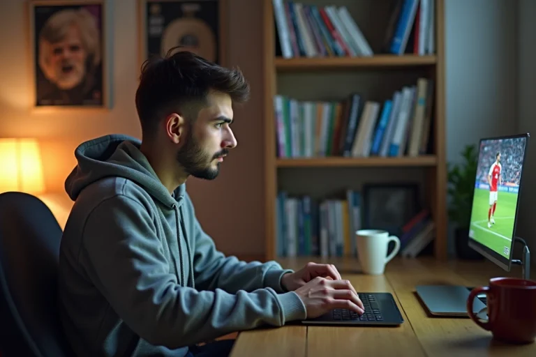 Jeune homme regardant un match de football en streaming