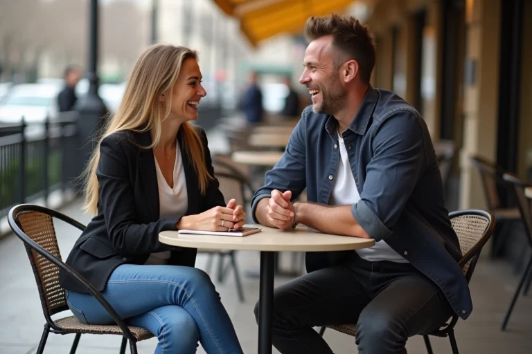 Kristina Mladenovic riant avec un homme au café parisien