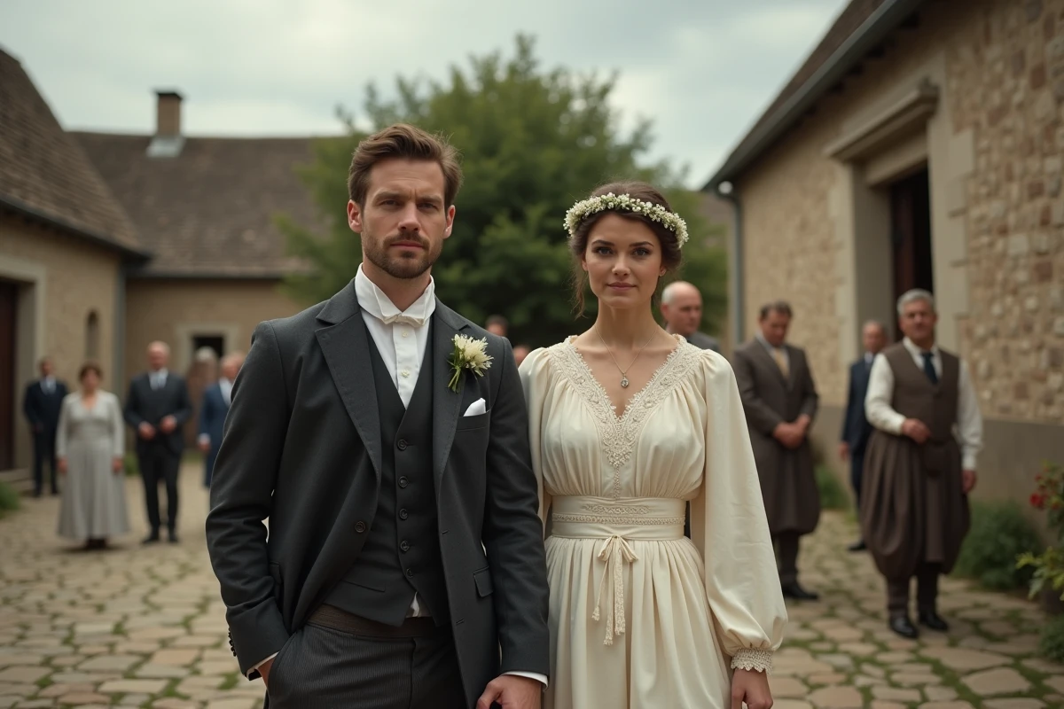 Mariage paysan traditionnel devant une église de village en pierre au début du XXe siècle en France
