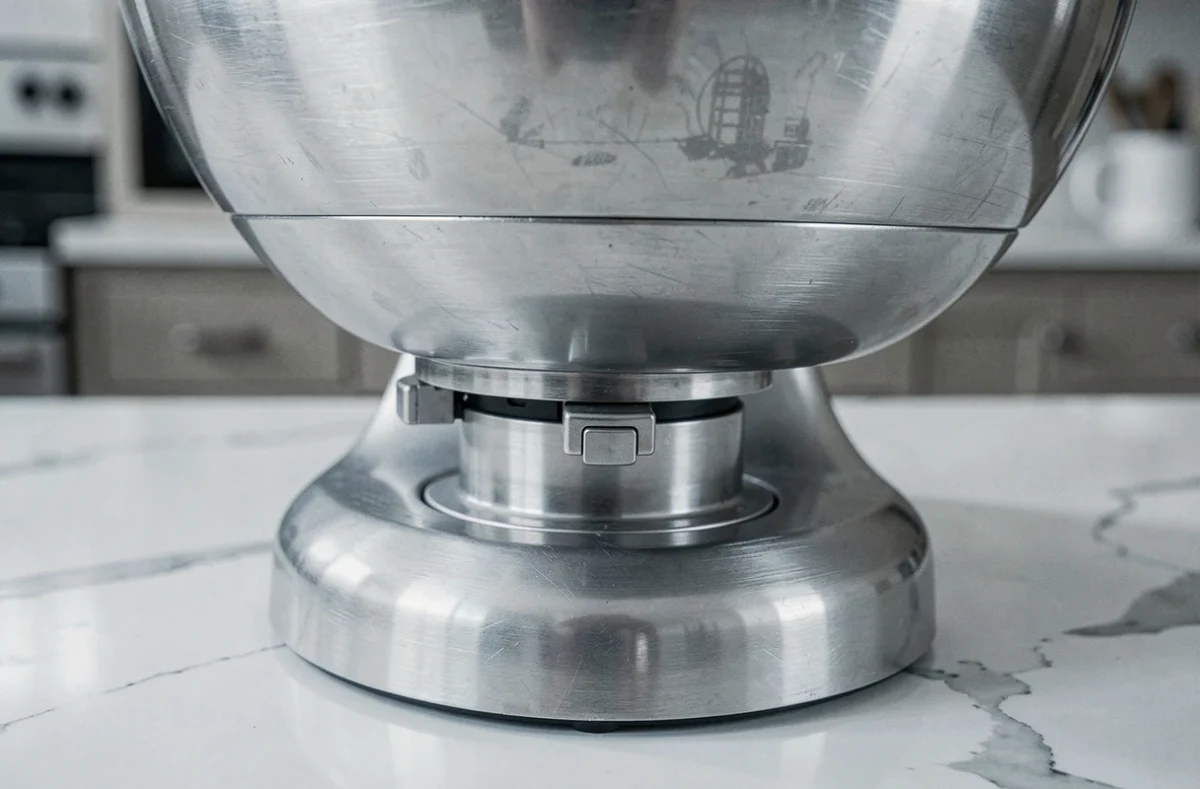 Gros plan sur le mécanisme de verrouillage du bol d'un robot pâtissier Kenwood posé sur un plan de travail en marbre