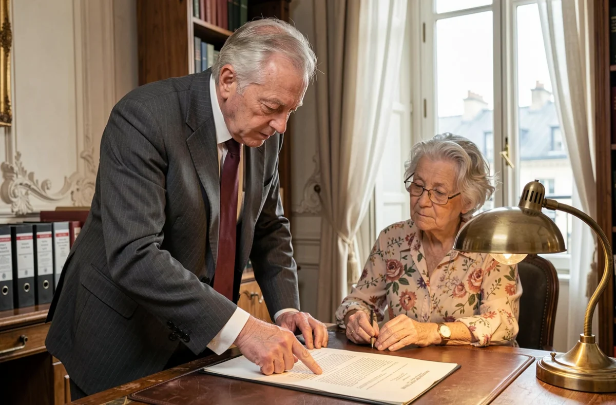 Notaire senior expliquant un document juridique à une femme âgée lors d'une consultation gratuite dans une étude parisienne