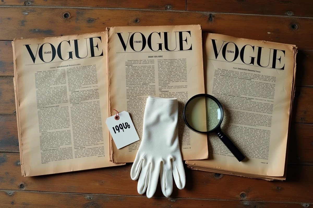 Flat lay de trois numéros rares de Vogue de différentes décennies posés sur une table en chêne avec loupe et gants de collectionneur