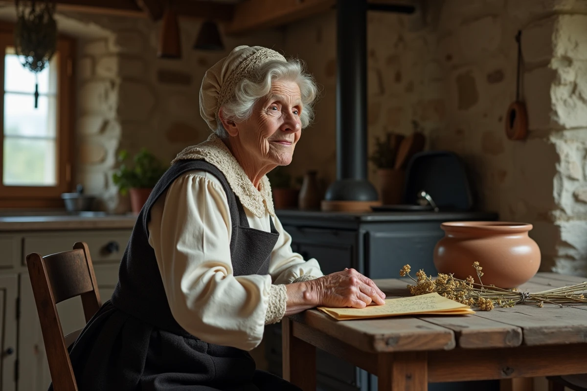 Vieille paysanne française lisant une lettre d'amour ancienne dans une cuisine rustique en pierre