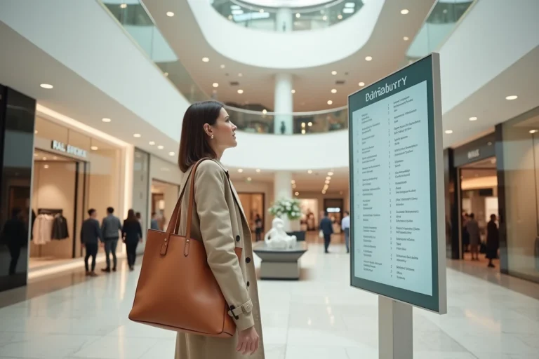 Femme consultant le plan d'un centre commercial de mode moderne dans un atrium élégant