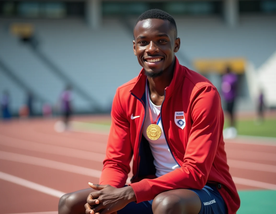 Portrait d'un champion sprinteur avec sa médaille d'or après avoir battu le record du monde du 100 mètres en athlétisme