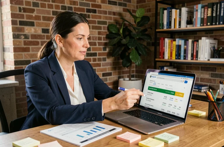 Professionnelle en agence web analysant les résultats de référencement naturel sur un ordinateur portable avec des rapports SEO imprimés sur son bureau
