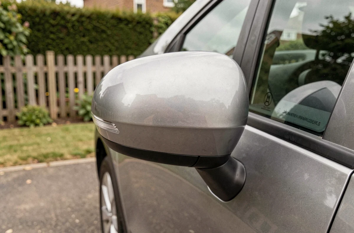 Gros plan sur la carrosserie gris rafale de la Renault Symbioz montrant la texture métallisée et le galbe de la portière