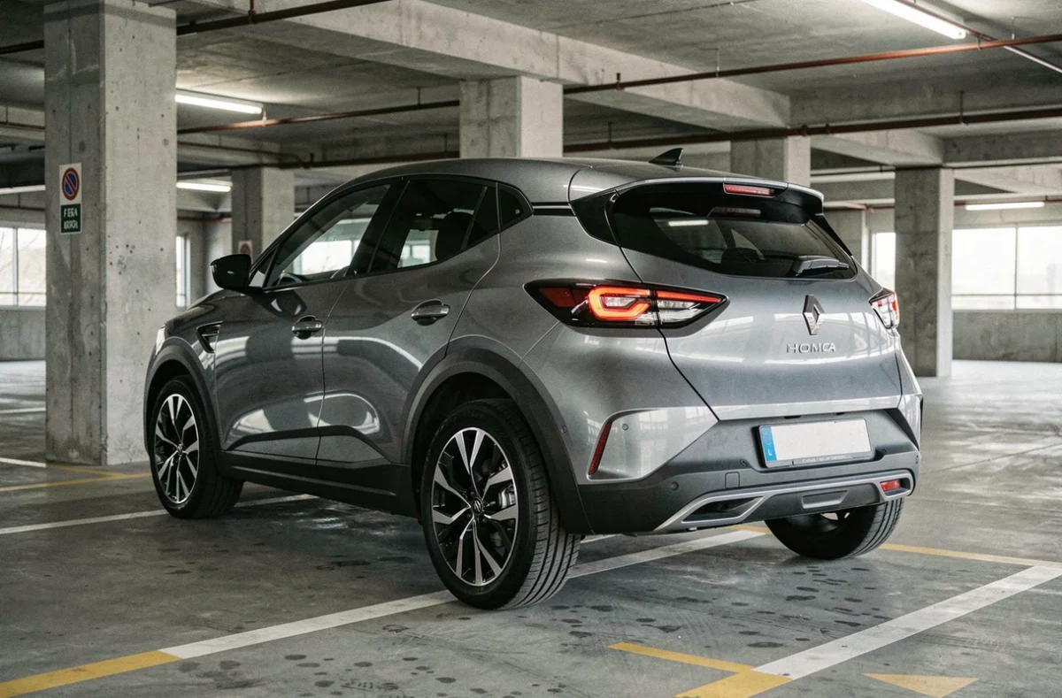 Renault Symbioz gris rafale photographiée de dos dans un parking couvert en béton, détail de la peinture métallisée