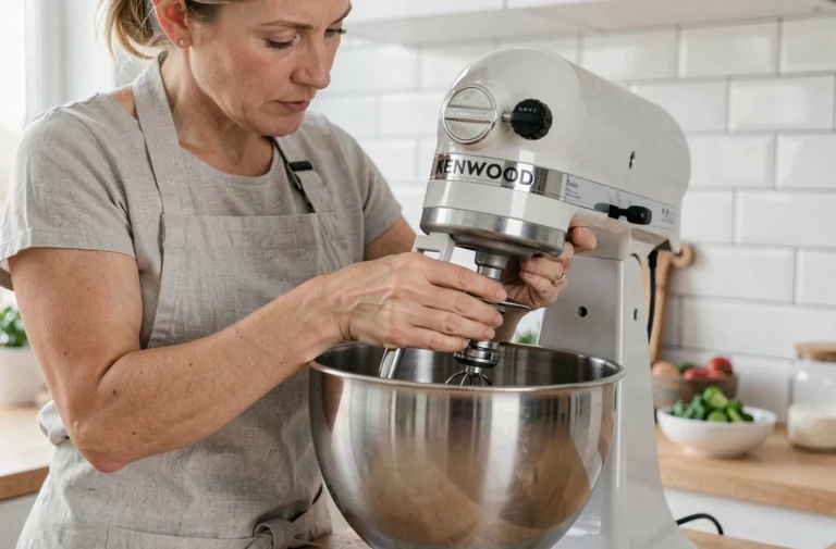 Femme retirant le bol d'un robot Kenwood en cuisine moderne avec un geste précis sur le mécanisme de verrouillage