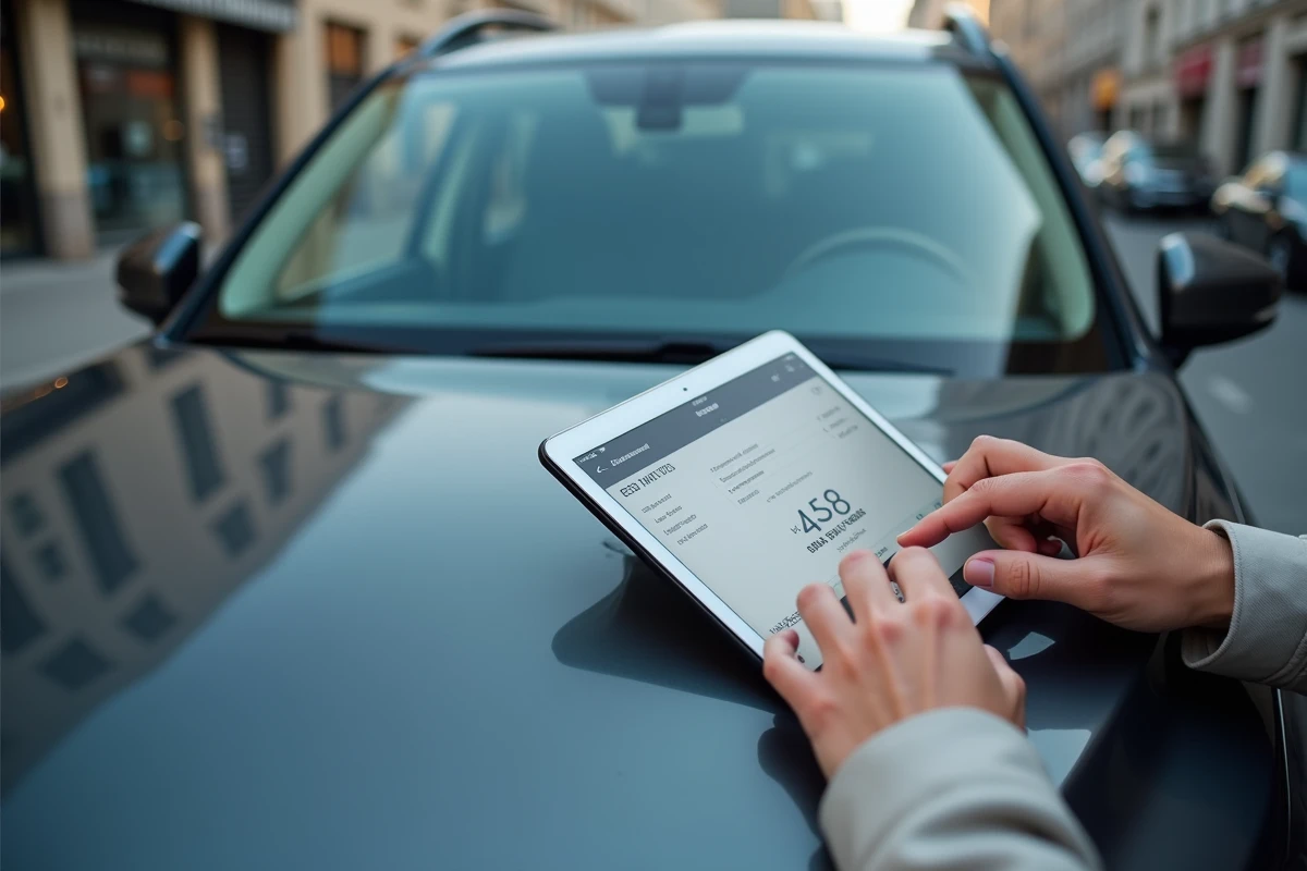 Tablette affichant un site d'estimation de cote automobile gratuit posée sur le capot d'un SUV en milieu urbain
