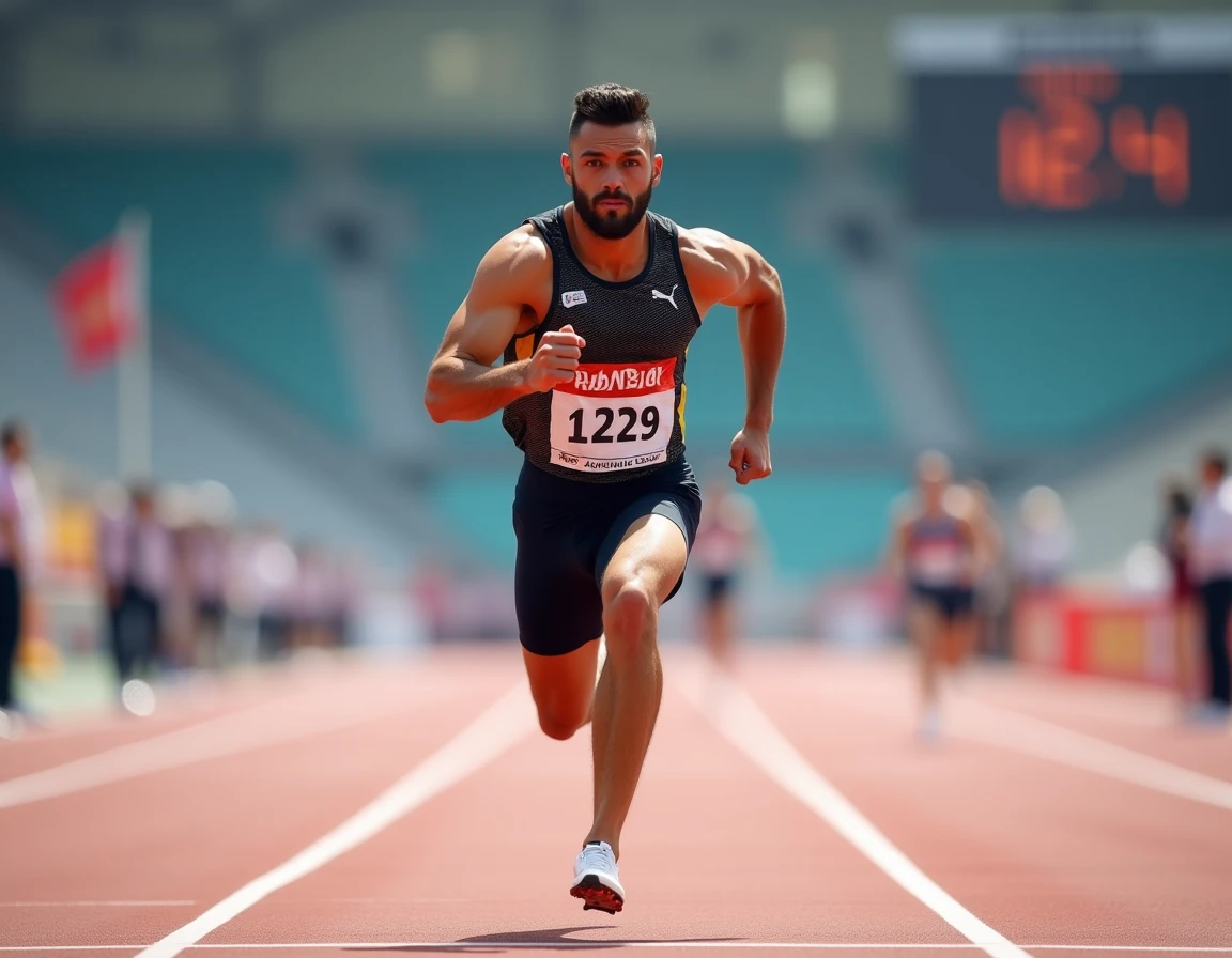 Sprinteur franchissant la ligne d'arrivée du 100 mètres lors d'une compétition d'athlétisme, instant décisif du record du monde