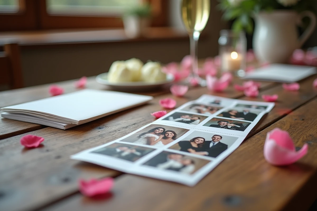 Strips photos imprimées par un photobooth Kruu posées sur une table de mariage en bois avec des pétales de fleurs