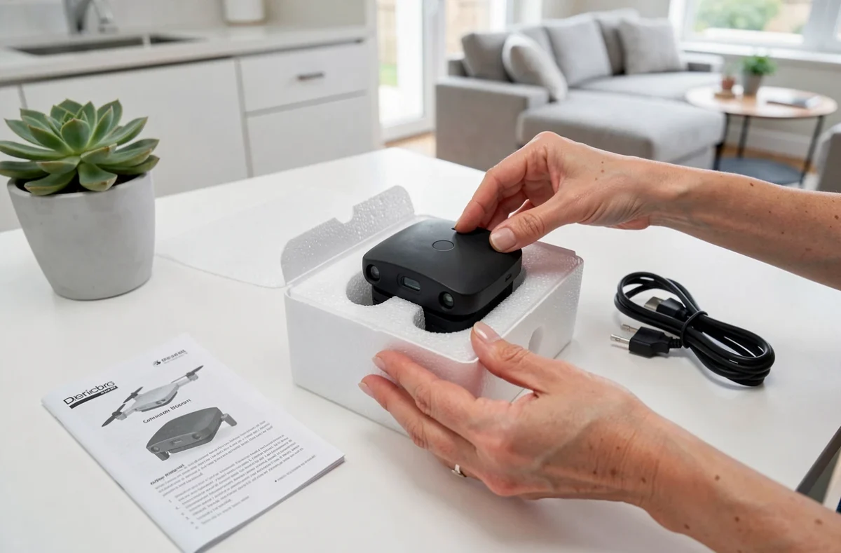 Mains féminines déballant un drone compact dans son emballage sur une table blanche, nouveauté high-tech et geek à découvrir